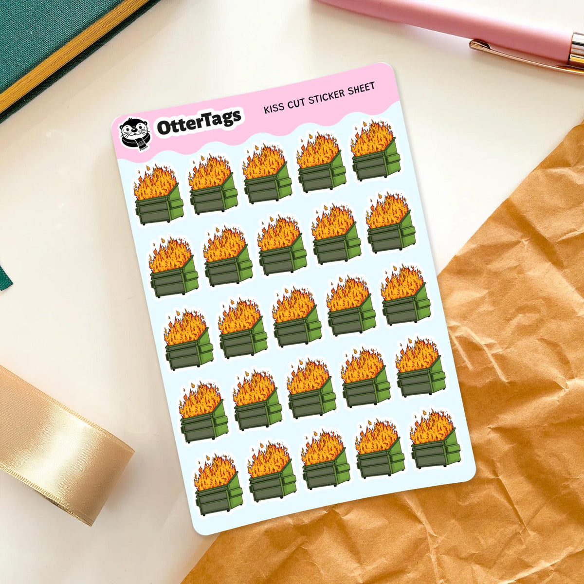 Dumpster Fire mini sticker sheet, work notes