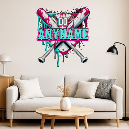 Custom baseball drip name wall decal with crossed bats and a number