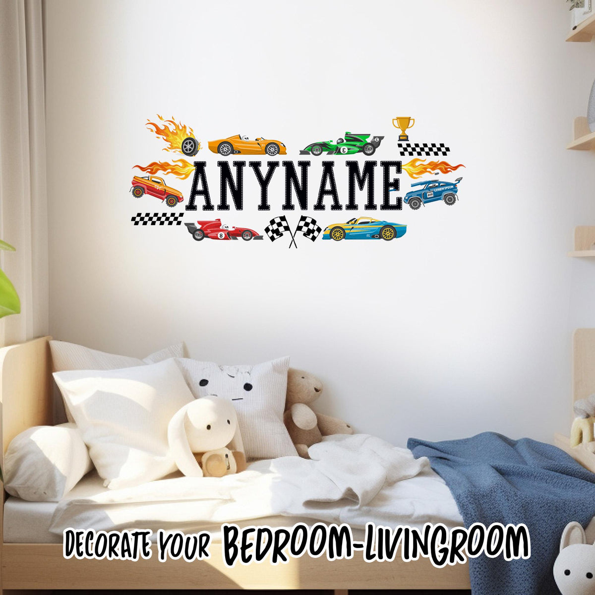 Custom race cars name wall decal for a kids bedroom – view 5