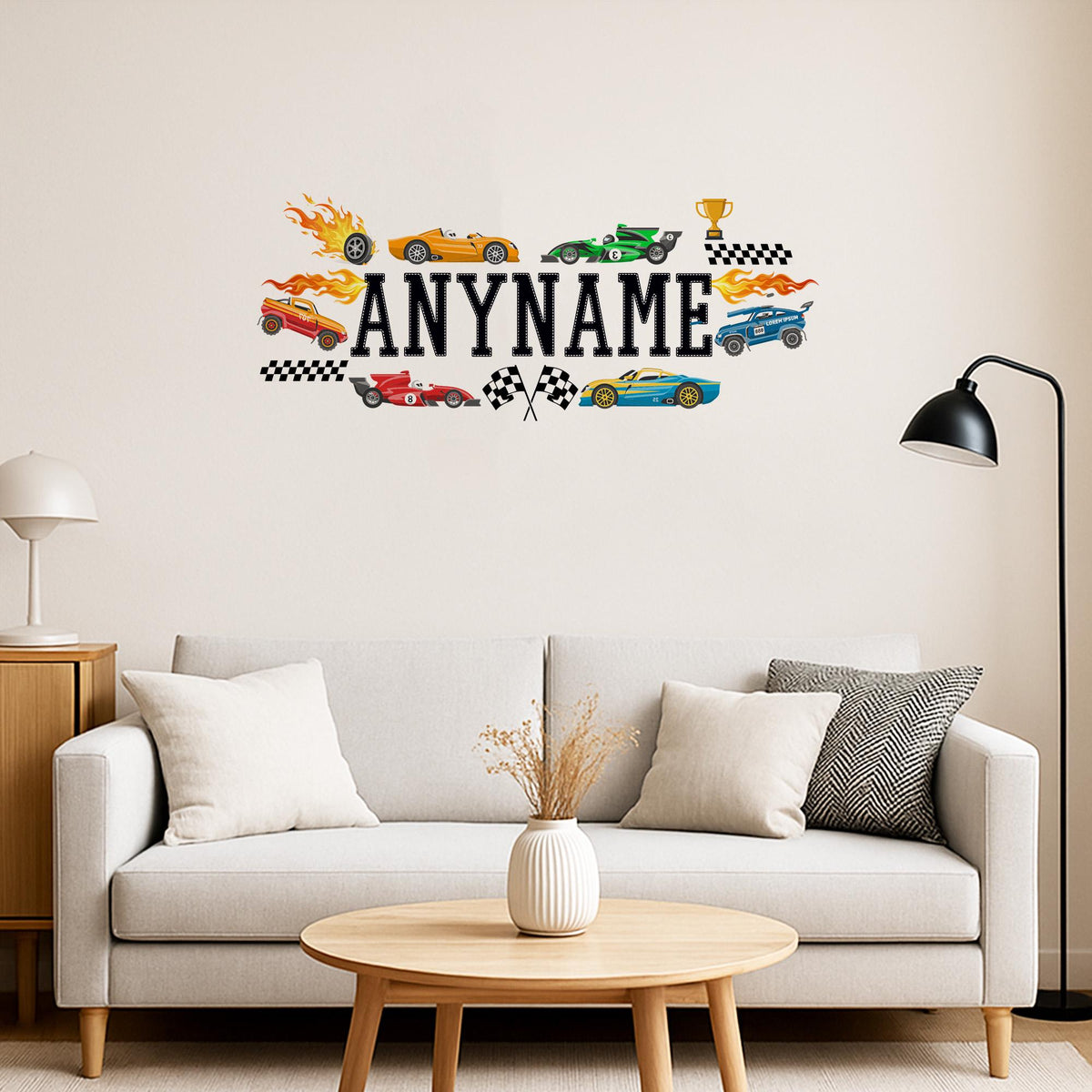 Custom race cars name wall decal for a kids bedroom