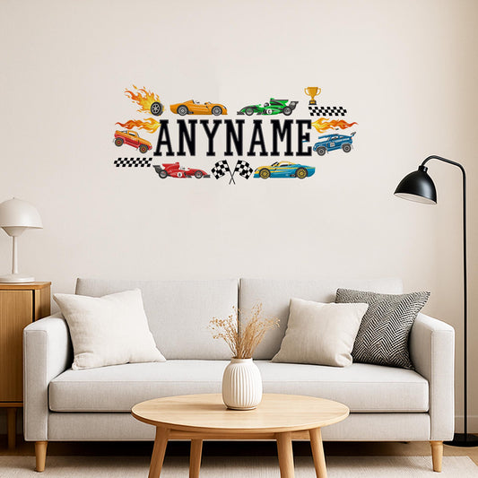 Custom race cars name wall decal for a kids bedroom