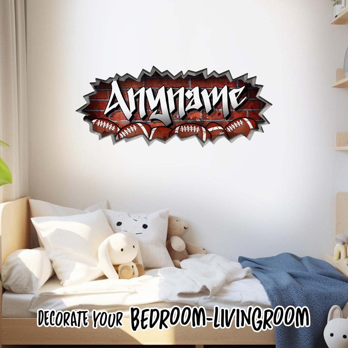 Custom football brick wall name decal for a kids bedroom – view 2