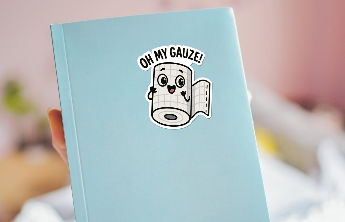 Oh My Gauze sticker, medical pun with cute gauze roll character – view 3