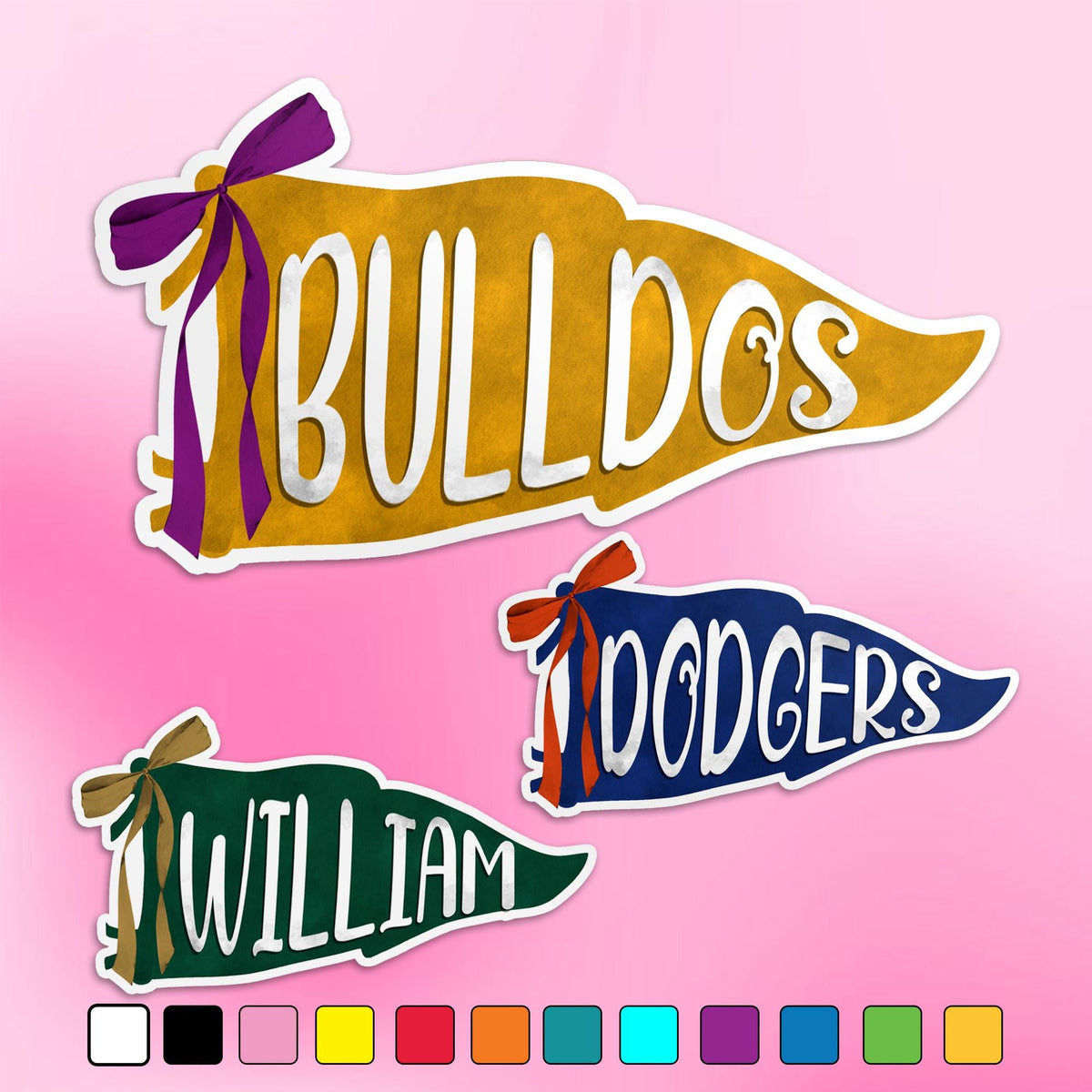 Custom school spirit pennant sticker with a bow and custom text