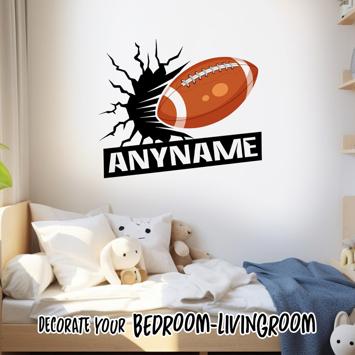 Custom football sports name wall decal for a kids bedroom