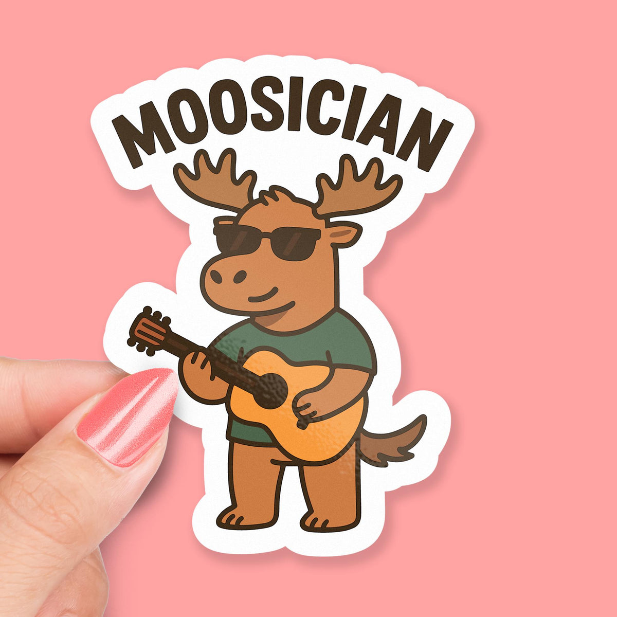 Moosician sticker, funny moose musician holding guitar