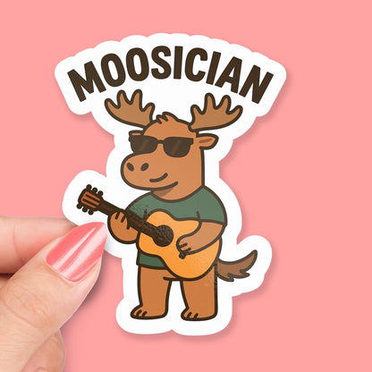 Moosician sticker, funny moose musician holding guitar