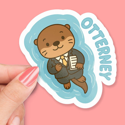 Otterney sticker, cute otter attorney swimming on back in suit