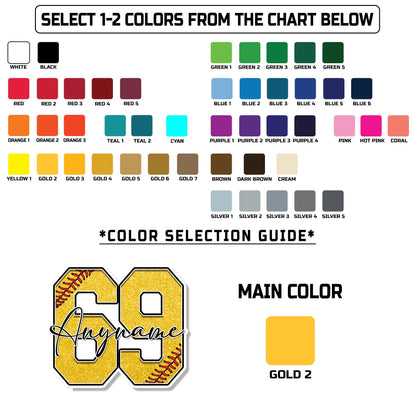 Custom softball sticker with a glitter-look yellow number and script name – view 2