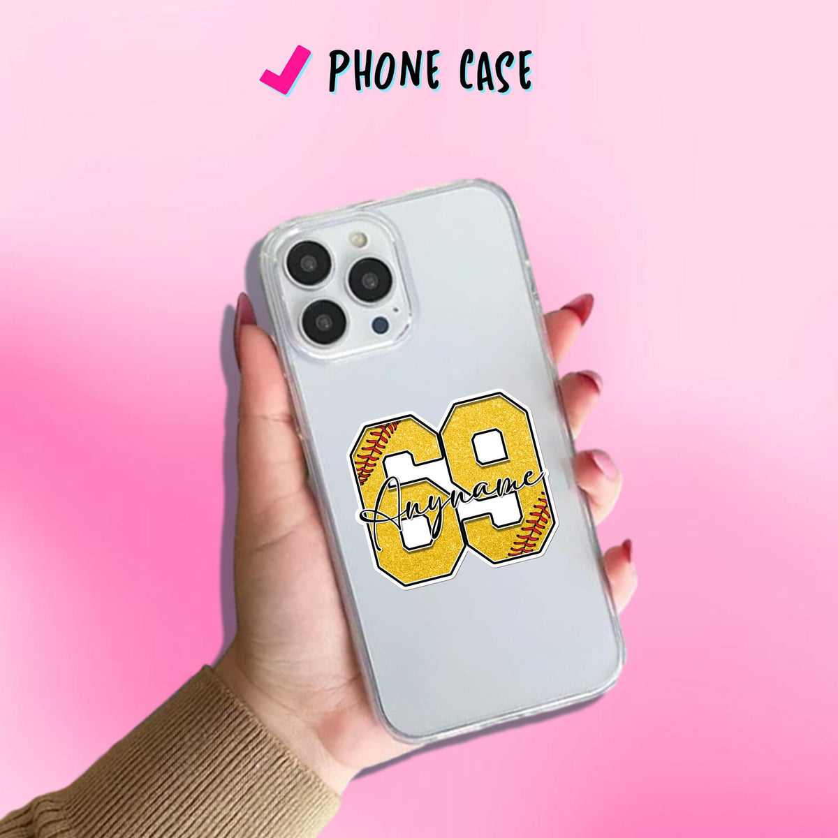 Custom softball sticker with a glitter-look yellow number and script name – view 6