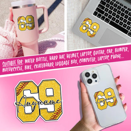 Custom softball sticker with a glitter-look yellow number and script name – view 5