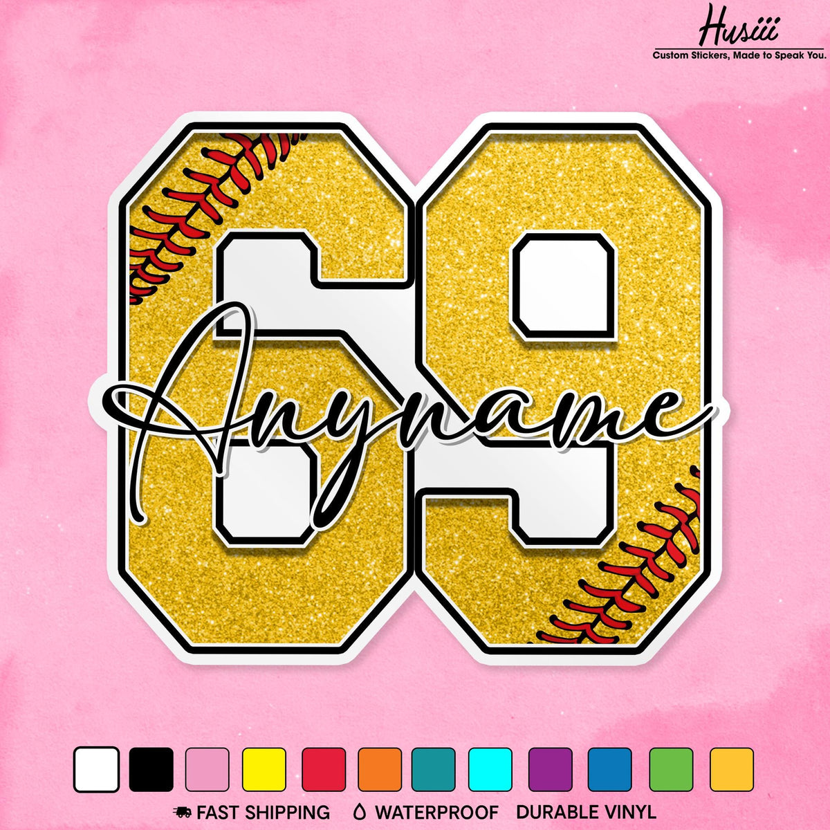 Custom softball sticker with a glitter-look yellow number and script name
