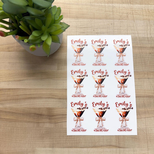 Custom Espresso Martini Birthday sticker, personalized cocktail tags for her celebration
