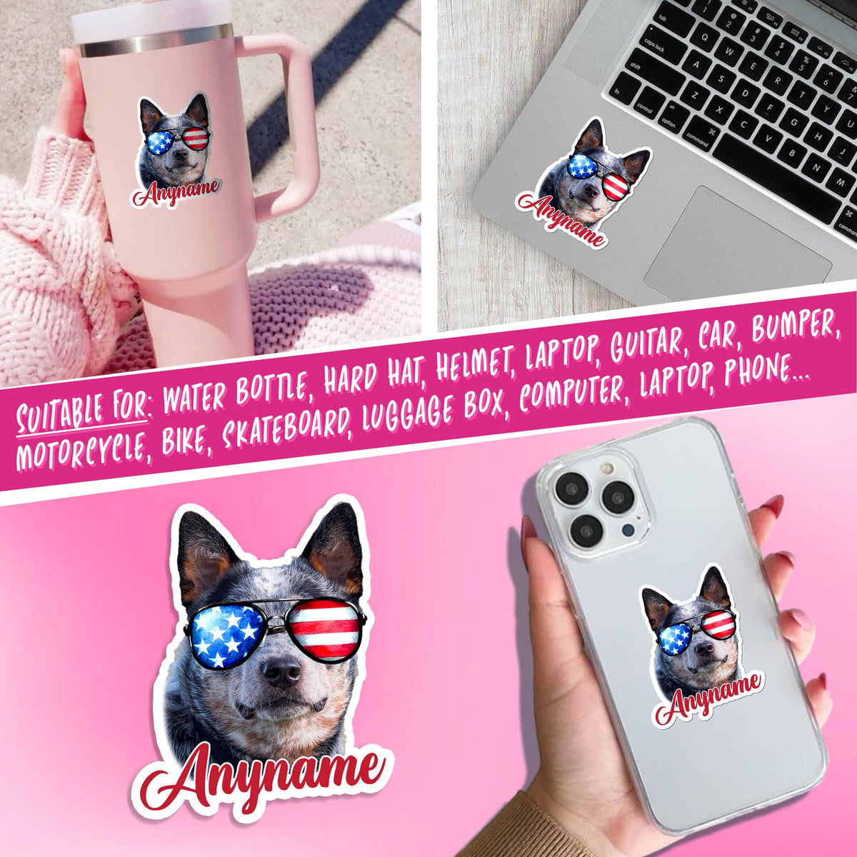 Custom 4th of July dog photo sticker with a flag background and a name – view 3