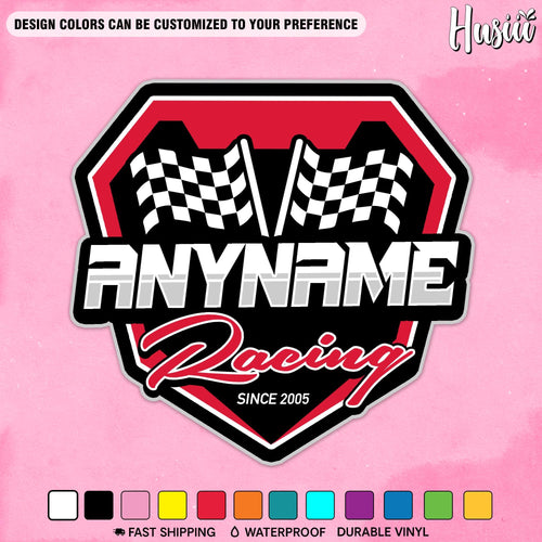 Custom racing name decal with a flag