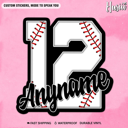 Custom sticker with a big white baseball-stitch jersey number and a script name