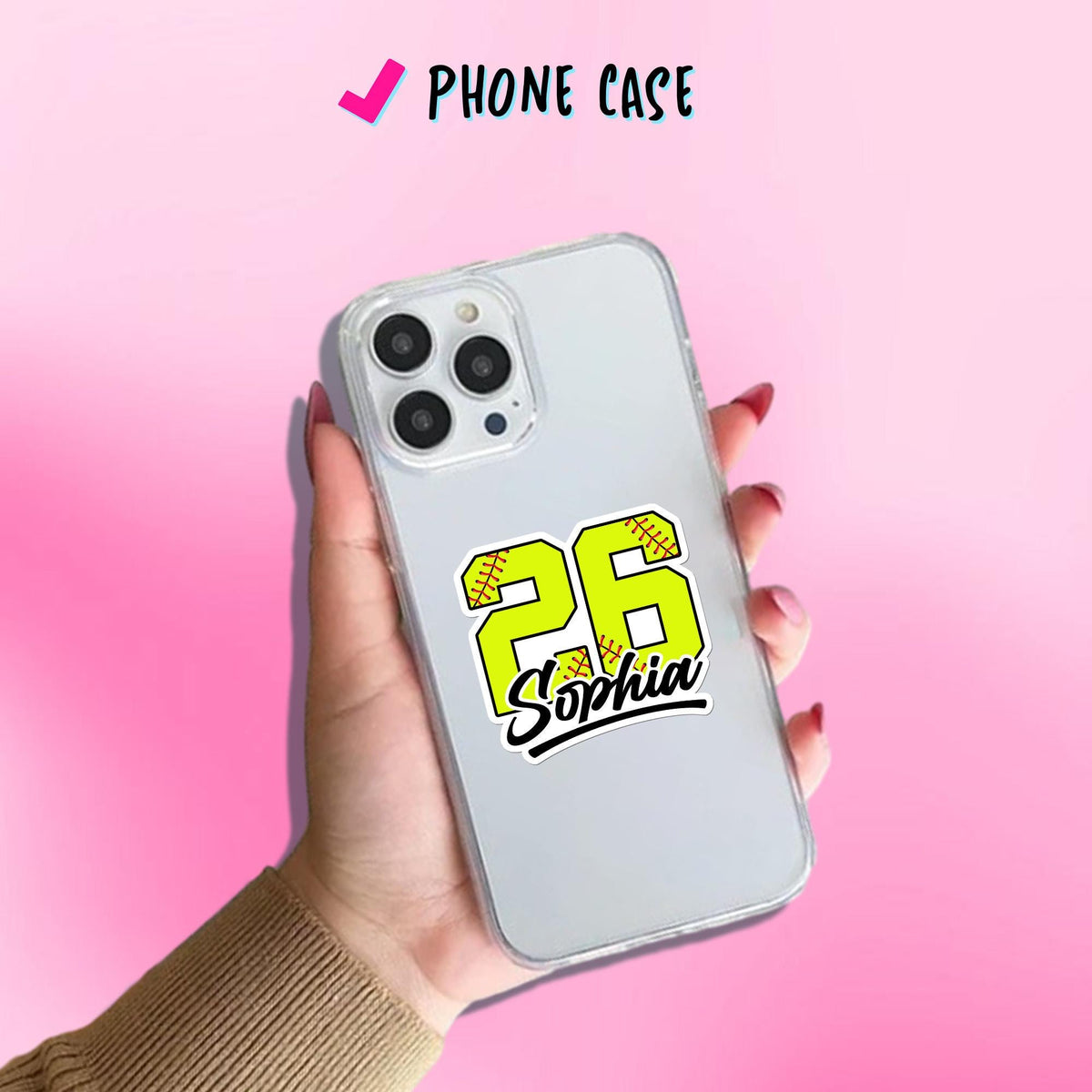 Custom softball sticker with a neon yellow stitched number and black script name – view 5