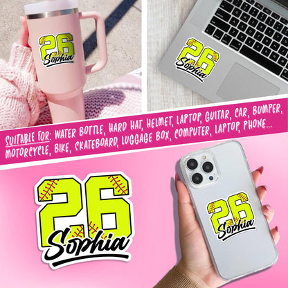 Custom softball sticker with a neon yellow stitched number and black script name – view 3
