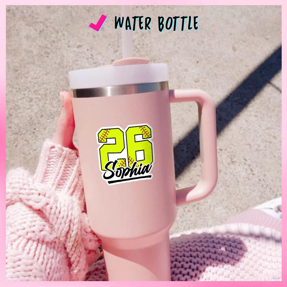 Custom softball sticker with a neon yellow stitched number and black script name – view 6