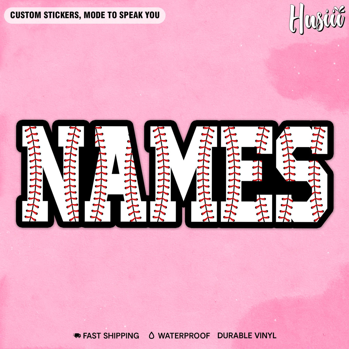 Custom name sticker with baseball-stitch block letters