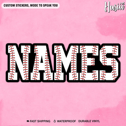 Custom name sticker with baseball-stitch block letters