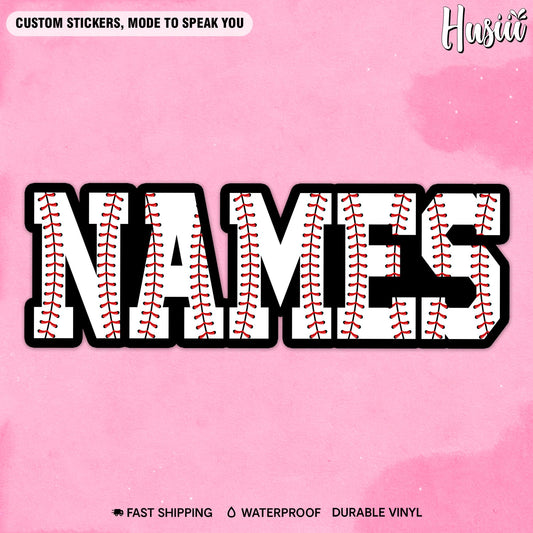 Custom name sticker with baseball-stitch block letters