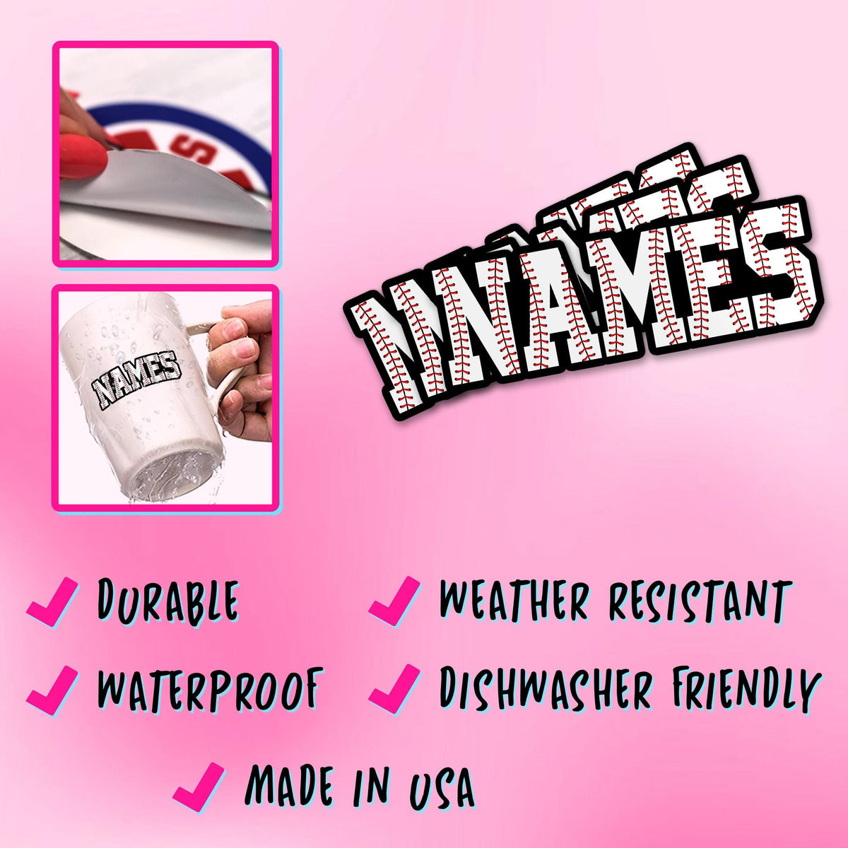 Custom name sticker with baseball-stitch block letters – view 3