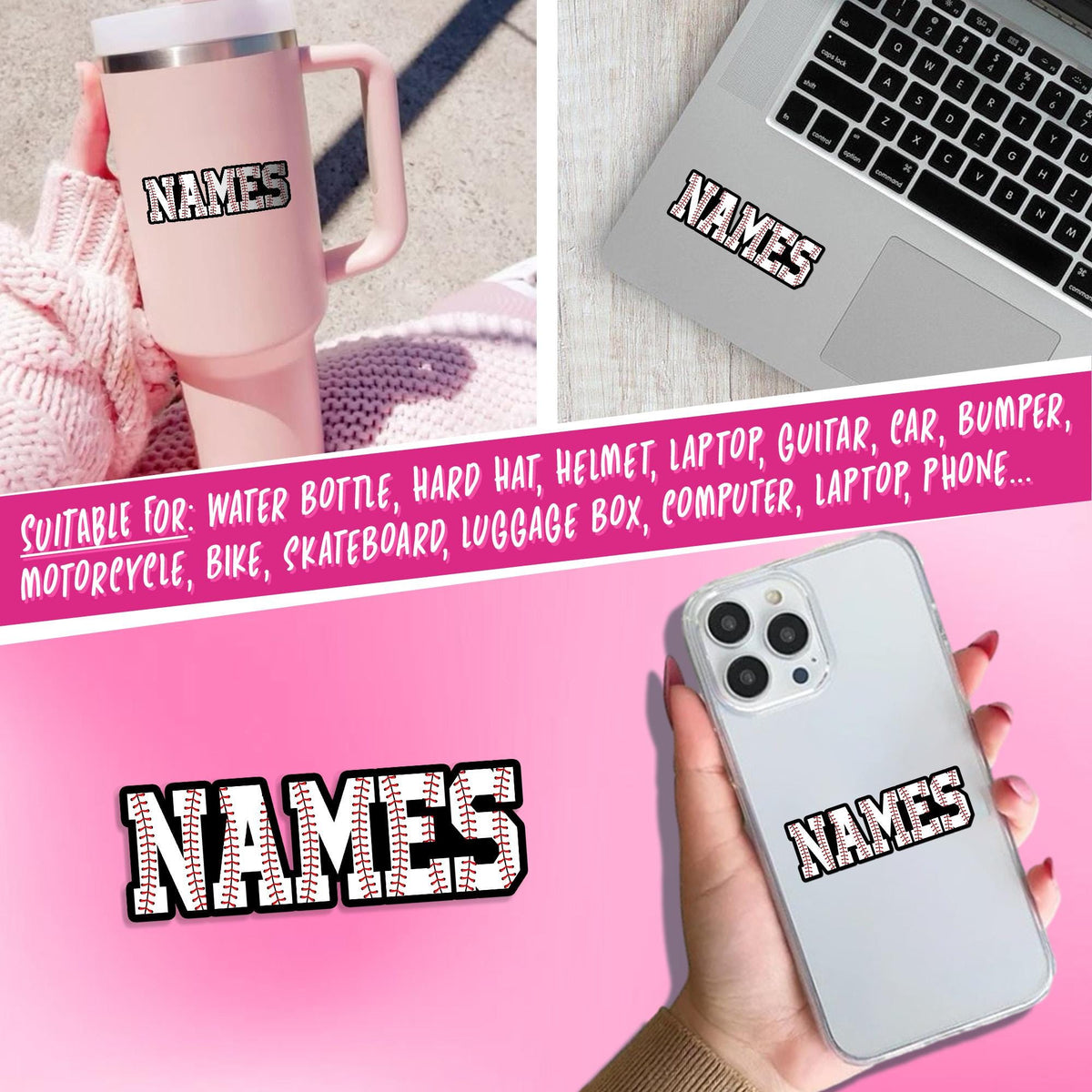 Custom name sticker with baseball-stitch block letters – view 4