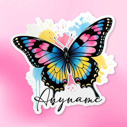 Custom butterfly watercolor name sticker with cute drip lettering