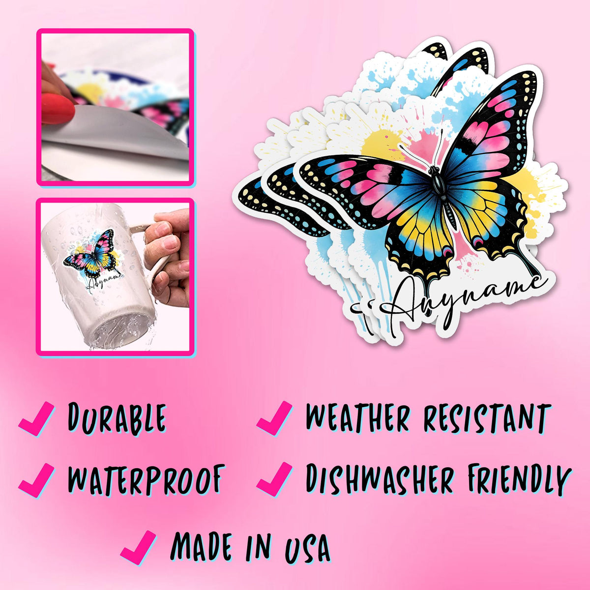 Custom butterfly watercolor name sticker with cute drip lettering – view 3