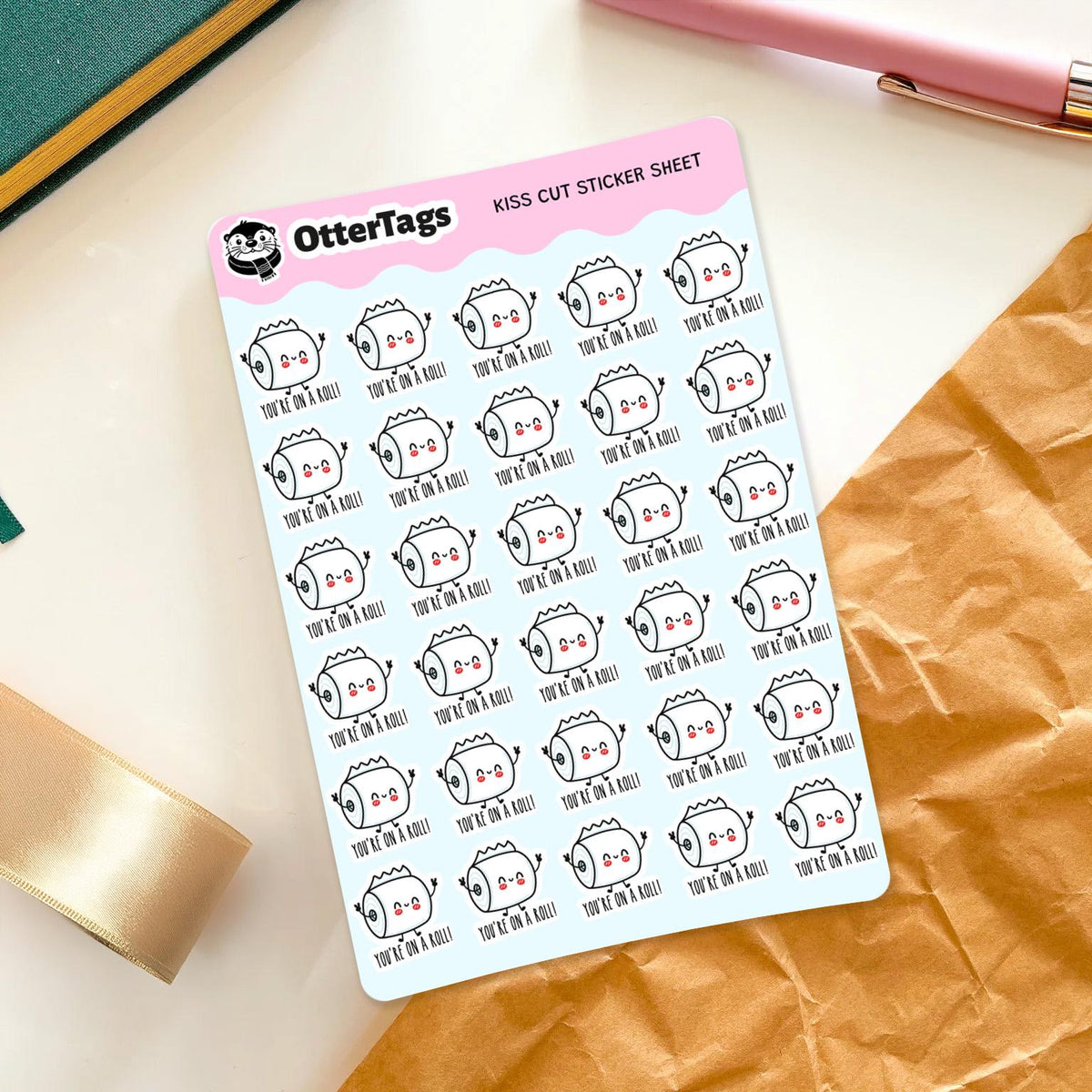 You're on a Roll mini sticker sheet, 30 small funny toilet paper
