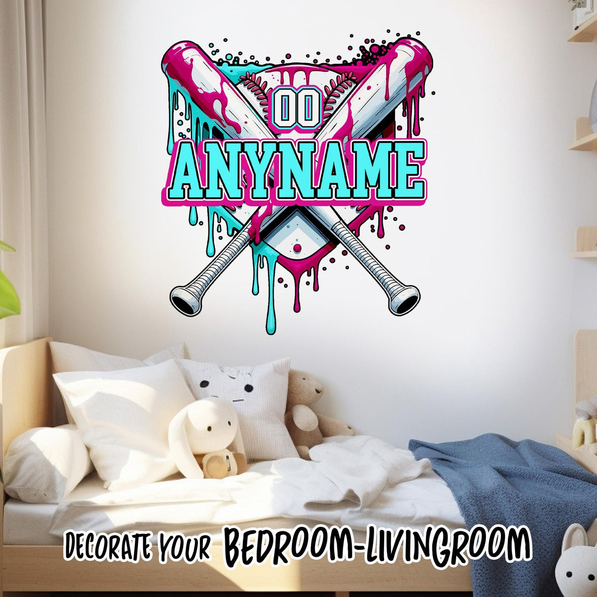 Custom baseball drip name wall decal with crossed bats and a number – view 2