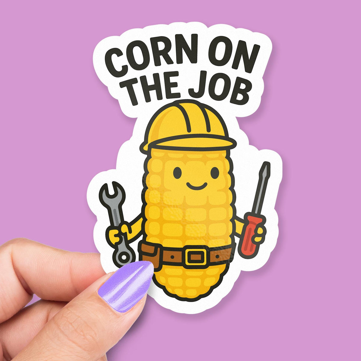 Corn on the Job sticker, funny corn pun with hardhat and tools
