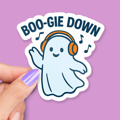 Dancing Ghost with Headphones sticker, boo-gie down