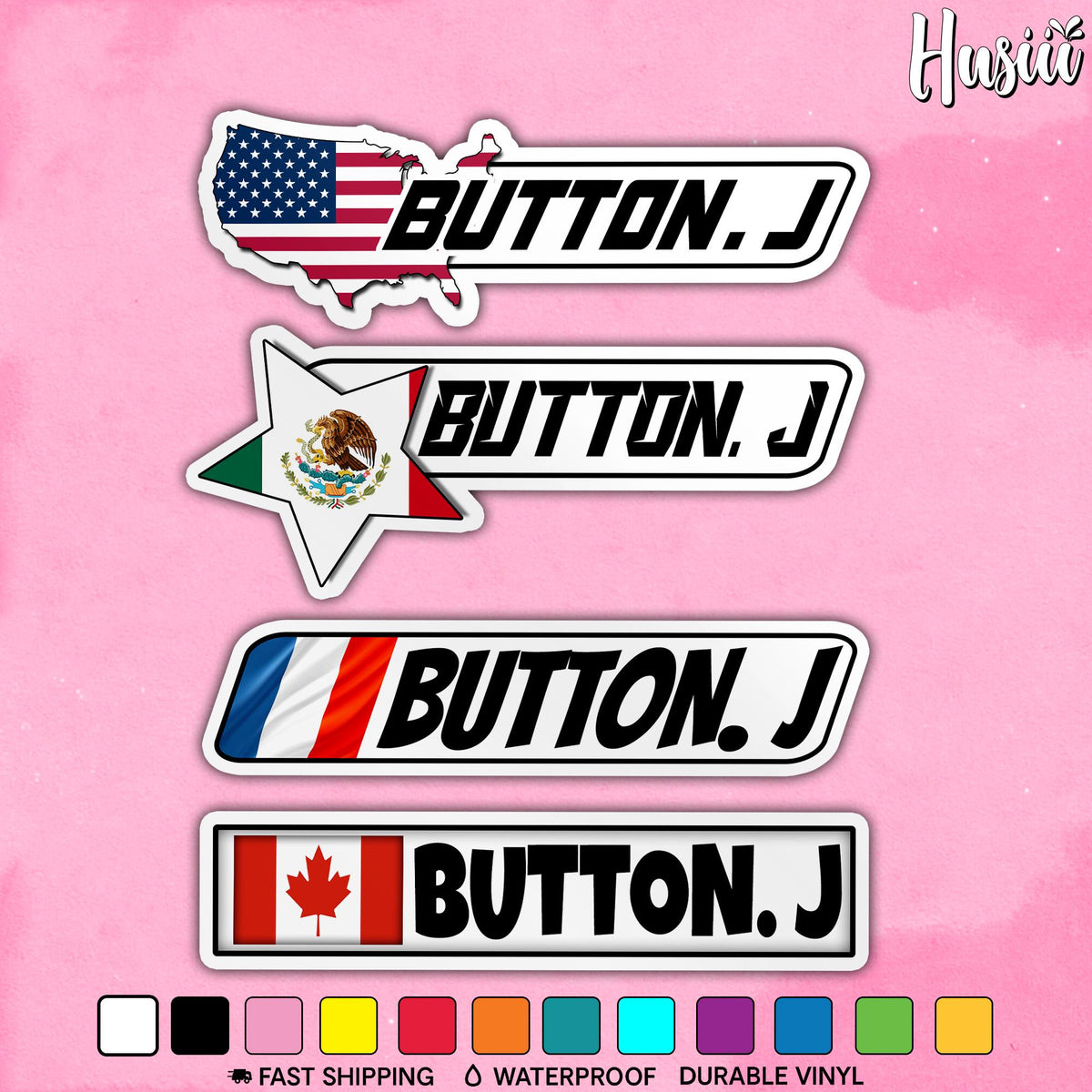 Custom racer country flag name sticker shown in four styles