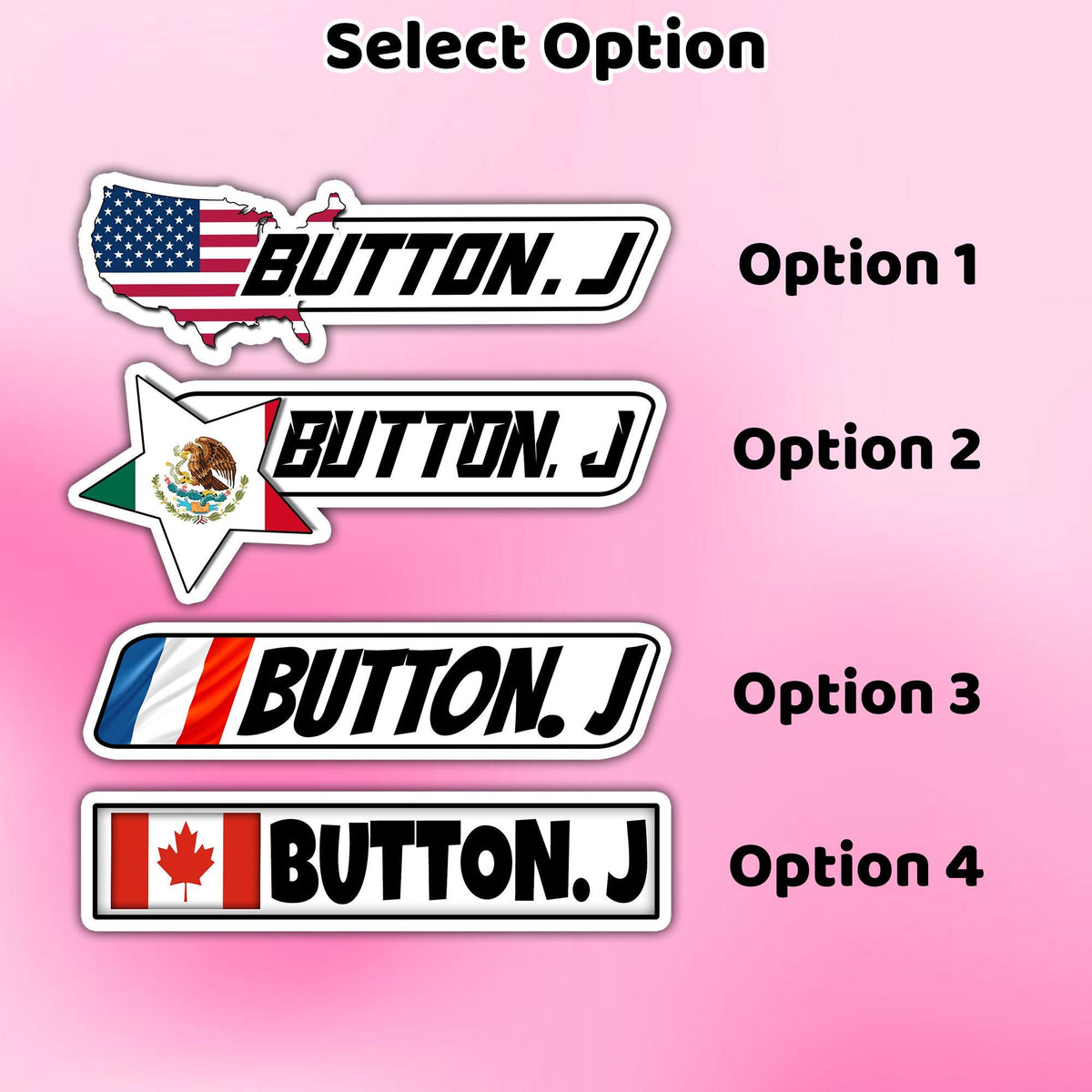 Custom racer country flag name sticker shown in four styles – view 2