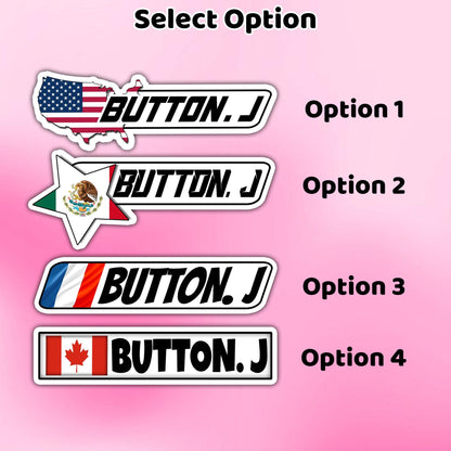 Custom racer country flag name sticker shown in four styles – view 2