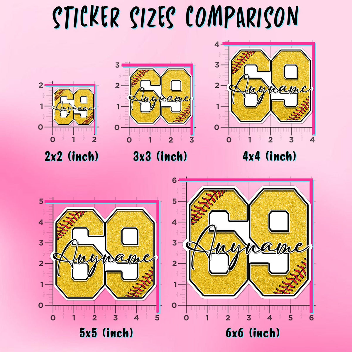 Custom softball sticker with a glitter-look yellow number and script name – view 3
