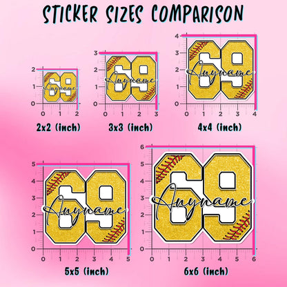Custom softball sticker with a glitter-look yellow number and script name – view 3