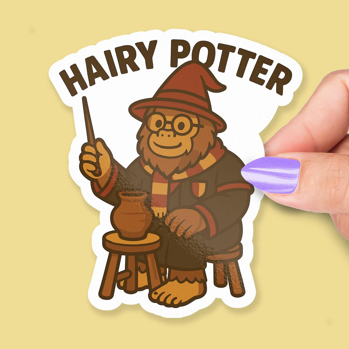 Hairy Potter sticker, magical sasquatch making clay art – view 2