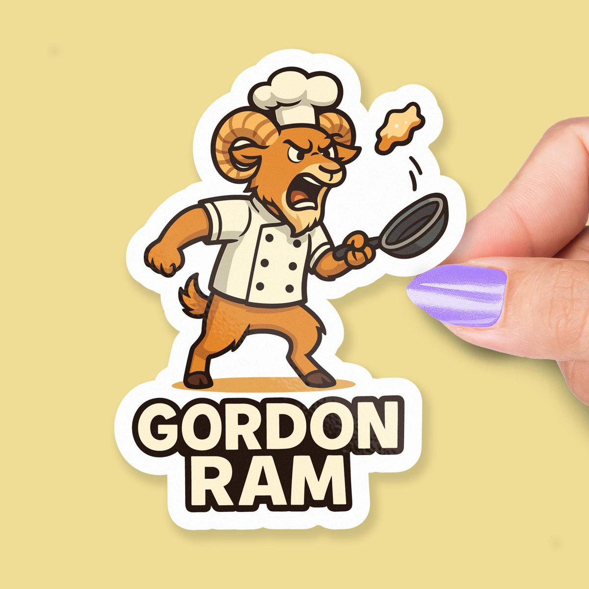 Gordon Ram sticker, angry ram chef yelling with flying chicken – view 2