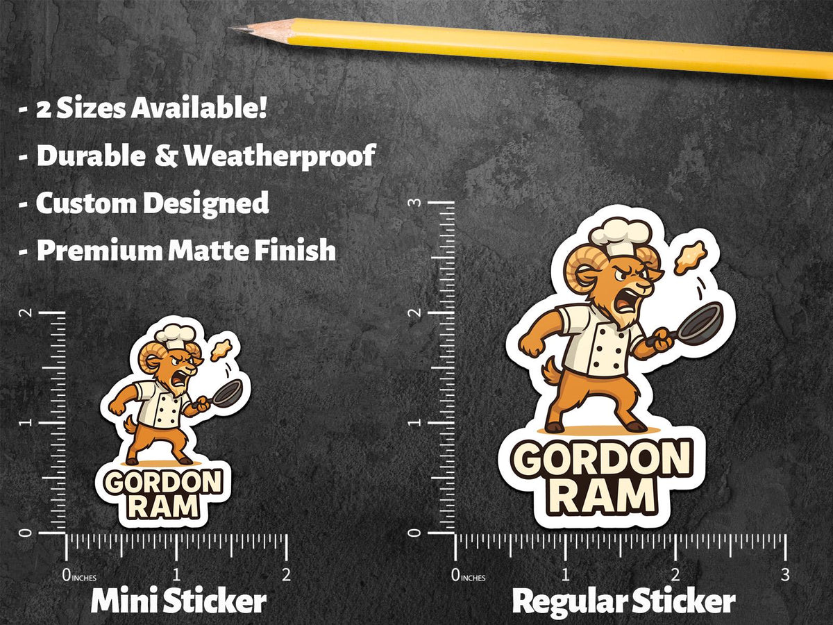 Gordon Ram sticker, angry ram chef yelling with flying chicken – view 3