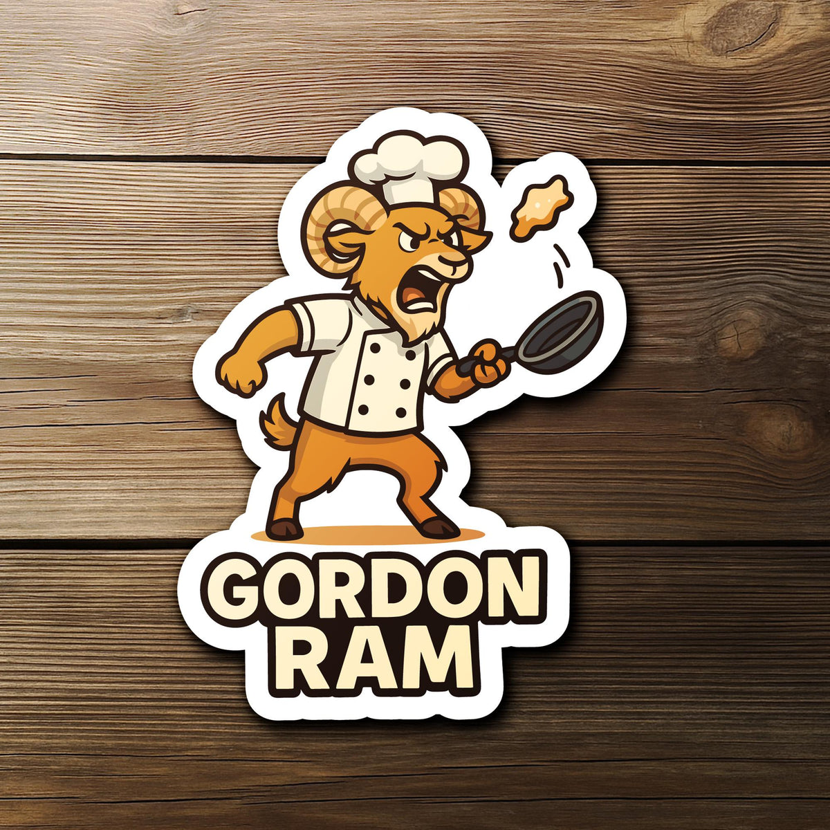 Gordon Ram sticker, angry ram chef yelling with flying chicken