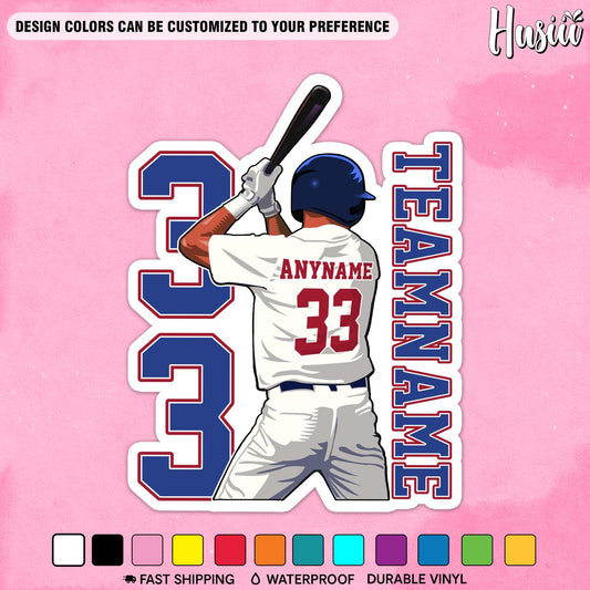 Custom baseball batter sticker with a number, name and team name