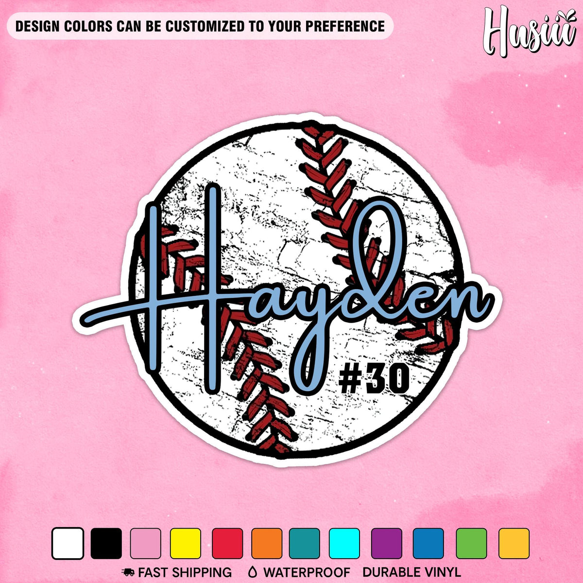 Custom baseball sticker with a script name and jersey number over a baseball
