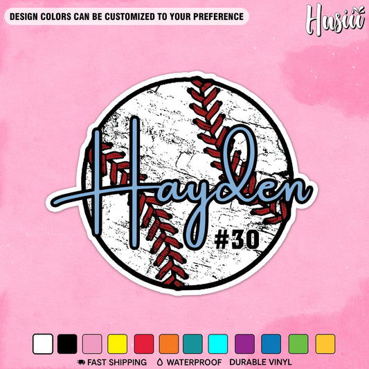 Custom baseball sticker with a script name and jersey number over a baseball