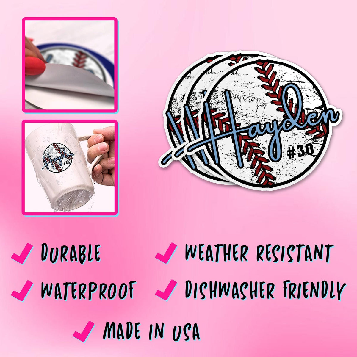 Custom baseball sticker with a script name and jersey number over a baseball – view 5