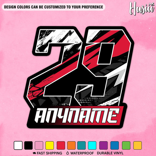 Custom racing sticker with a checkered flag, name and number