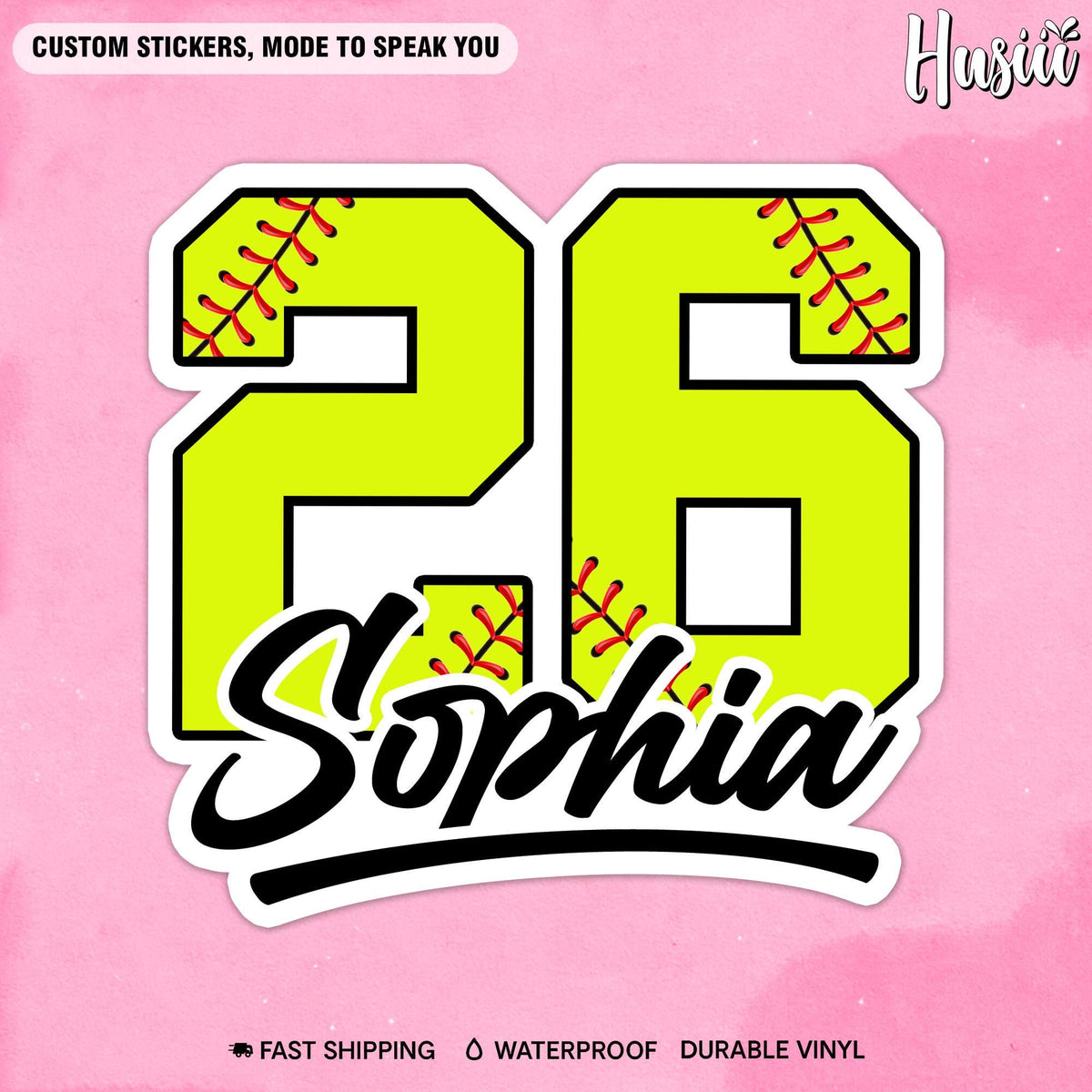 Custom softball sticker with a neon yellow stitched number and black script name