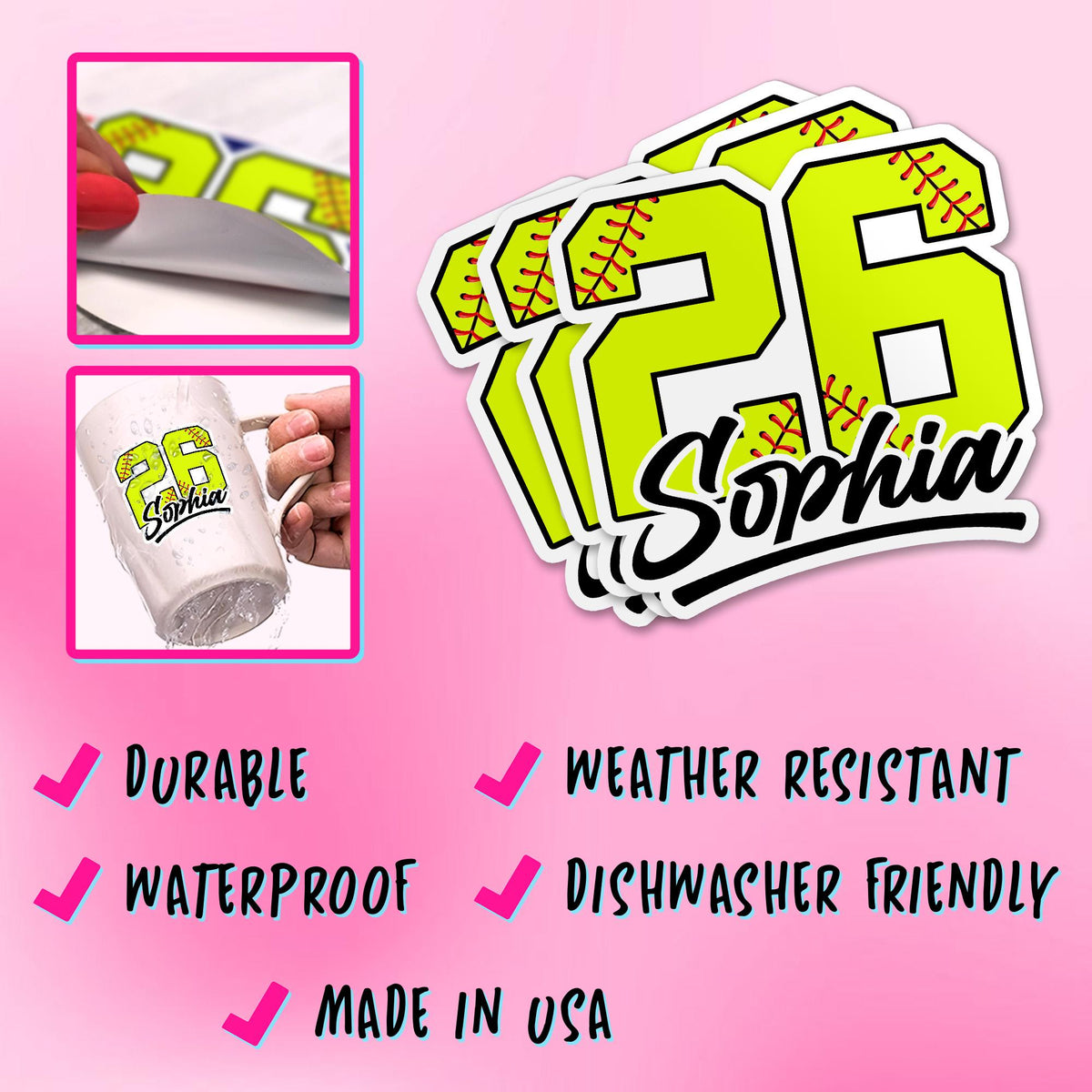 Custom softball sticker with a neon yellow stitched number and black script name – view 4